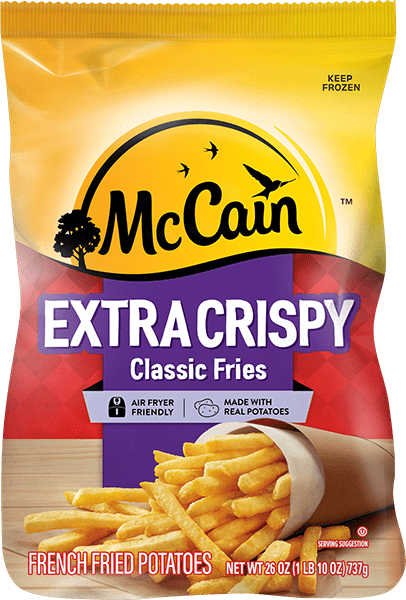 Pack shot of air fryer friendly McCain Extra Crispy Classic Cut French Fries to be kept frozen until cooked